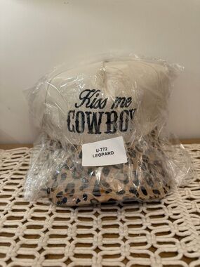 Zenana Outfitters "Kiss Me Cowboy" Beige Cap with Leopard Brim